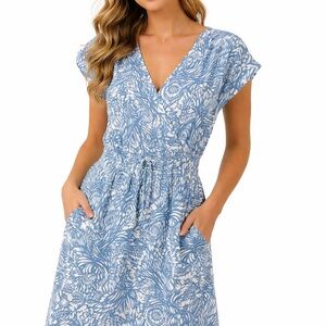 TAHARI Wrap Look Blue/White Dress with Waist Tie Shaping. Size XL